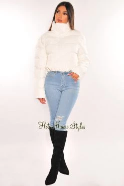 Vendor-unknown White Puffer Bomber Zipper Long Sleeve Cropped Jacket