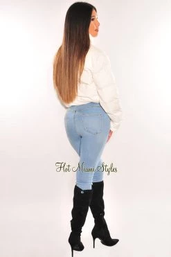 Vendor-unknown White Puffer Bomber Zipper Long Sleeve Cropped Jacket