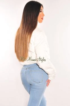 Vendor-unknown White Puffer Bomber Zipper Long Sleeve Cropped Jacket