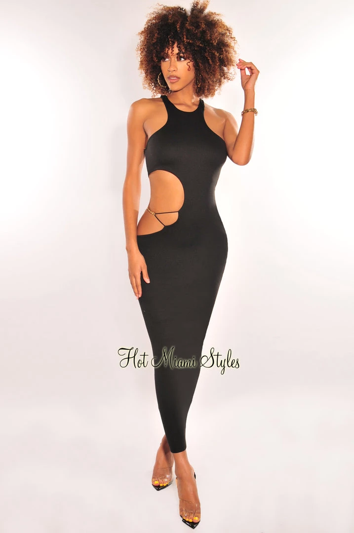 Vendor-unknown Black Sleeveless Gold Chain Cut Out Midi Dress Just In