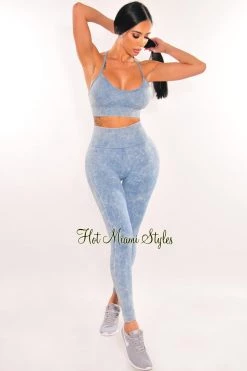 Vendor-unknown HMS Fit: Blue Dye Wash Ribbed Padded Racerback Leggings Two Piece Set Just In