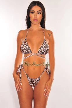 Vendor-unknown Leopard Print Padded Halter Tie Up Bikini