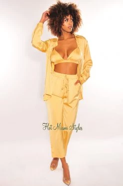 WILD CAT Honey Silky Bralette Collared Button Up Palazzo Pants Three Piece Set
