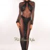 Vendor-unknown Black Leopard Sheer Mesh Long Sleeve Maxi Dress Just In