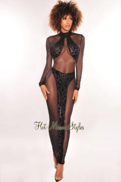 Vendor-unknown Black Leopard Sheer Mesh Long Sleeve Maxi Dress Just In