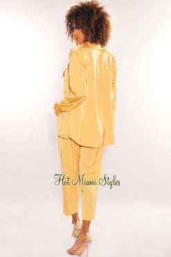 WILD CAT Honey Silky Bralette Collared Button Up Palazzo Pants Three Piece Set