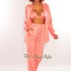WILD CAT Just In Coral Silky Bralette Collared Button Up Palazzo Pants Three Piece Set