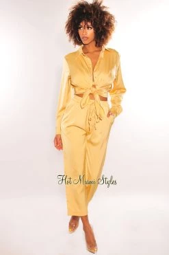 WILD CAT Honey Silky Bralette Collared Button Up Palazzo Pants Three Piece Set