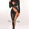 Fashion Wildcat Black Leopard Sheer Long Sleeve Lace Up Jumpsuit