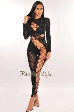 Fashion Wildcat Black Leopard Sheer Long Sleeve Lace Up Jumpsuit