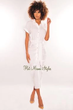 Nikibiki White Collared Button Up Short Sleeve Tie Up Shirt Dress