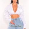 Vendor-unknown Just In White Collared Ruched Long Sleeve Crop Top