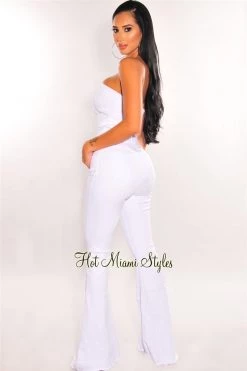 Vendor-unknown White Denim Strapless Button Up Bell Bottom Jumpsuit