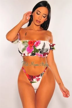 Hot Miami Styles Off White Floral Print Off Shoulder Ruffle Scrunch Butt Bikini Just In