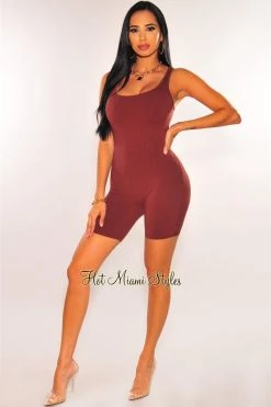 Vendor-unknown Chocolate Brown Ribbed Knit Sleeveless Romper Just In