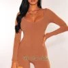 Vendor-unknown Just In Mocha Ribbed Knit Round Neck Long Sleeves Romper