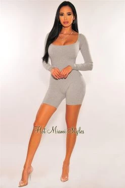 Vendor-unknown Gray Ribbed Knit Long Sleeves Romper Just In