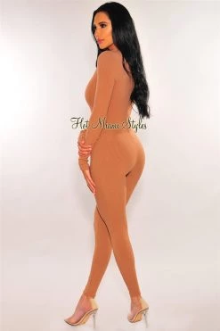 Vendor-unknown Mocha Ribbed Zipper Long Sleeve Jumpsuit