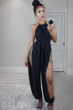 Vendor-unknown Just In Black Slit Leg Harem Jumpsuit