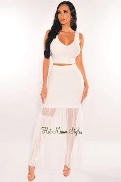 Sole Mio (set) Just In White Ribbed Knit Tank Net Skirt Two Piece Set