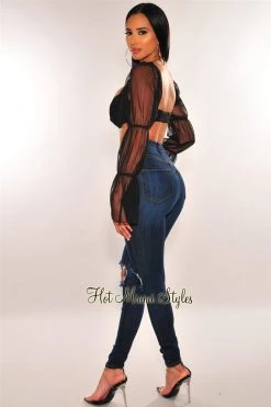 Orange Shine Black Mesh Long Sleeves Bustier Crop Top Just In