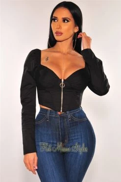 Vendor-unknown Black O-Ring Zipper Boned Long Sleeves Crop Top Just In