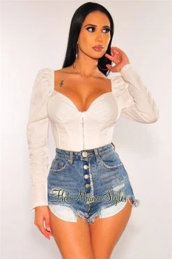 Vendor-unknown Just In White O-Ring Zipper Boned Long Sleeves Crop Top