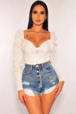 Vendor-unknown Just In White O-Ring Zipper Boned Long Sleeves Crop Top