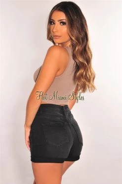 Vendor-unknown Black Denim High Waist Cuffed Hem Shorts Just In