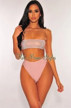 Vendor-unknown Blush Silver Rhinestone Bandeau High Waist Bikini