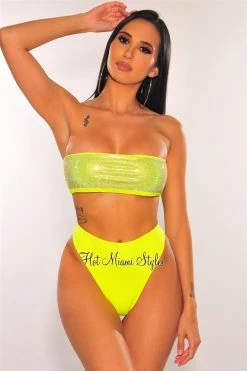 Vendor-unknown Neon Yellow Silver Rhinestone Bandeau High Waist Bikini