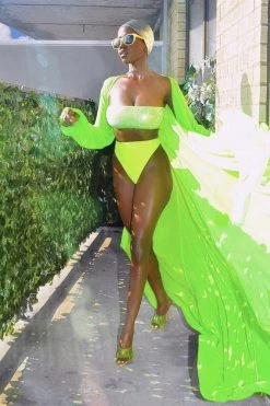 Vendor-unknown Neon Yellow Silver Rhinestone Bandeau High Waist Bikini