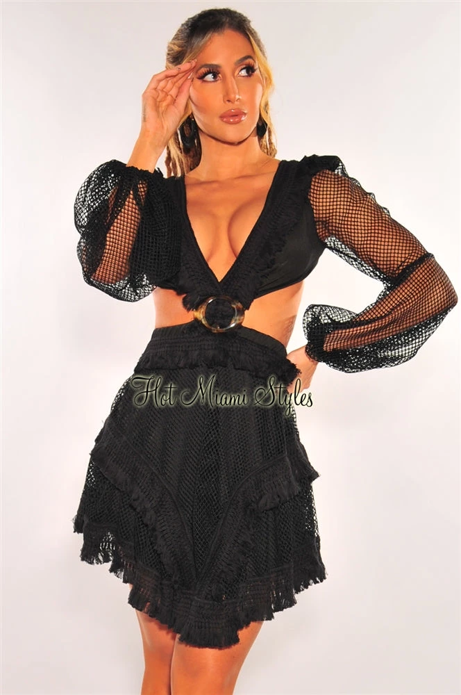 Vendor-unknown Black Fringe Cut Out Lace Up Back Long Sleeves Dress