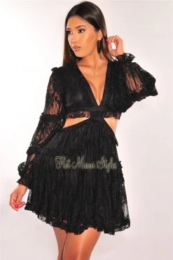 Vendor-unknown Just In Black Floral Lace Ruffle Cut Out Lace Up Long Sleeves Dress