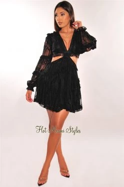 Vendor-unknown Just In Black Floral Lace Ruffle Cut Out Lace Up Long Sleeves Dress