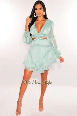 Vendor-unknown Just In Mint Ruffle Cut Out Lace Up Long Sleeves Dress