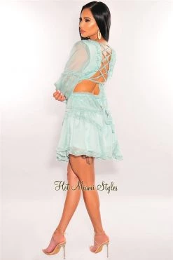Vendor-unknown Just In Mint Ruffle Cut Out Lace Up Long Sleeves Dress