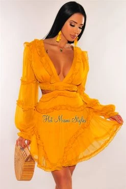 Vendor-unknown Mustard Cut Out Long Sleeves Dress Just In