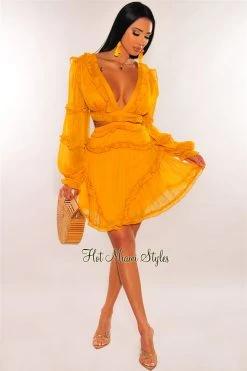 Vendor-unknown Mustard Cut Out Long Sleeves Dress Just In