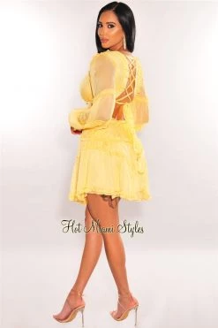 Vendor-unknown Yellow Ruffle Cut Out Lace Up Long Sleeves Dress