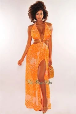 Vendor-unknown Just In Tangerine Print O-Ring Cut Out Gold Belted Double Slit Maxi Dress