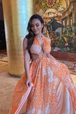 Vendor-unknown Just In Tangerine Print O-Ring Cut Out Gold Belted Double Slit Maxi Dress