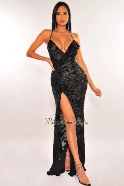 Vendor-unknown Black Shimmery Lace Up Ruffle Slit Maxi Dress Just In