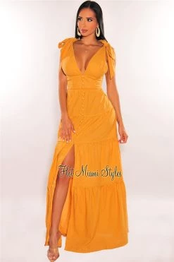 Vendor-unknown Just In Dijon V Neck Tie Up Button Up Slit Tiered Maxi Dress