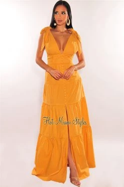 Vendor-unknown Just In Dijon V Neck Tie Up Button Up Slit Tiered Maxi Dress