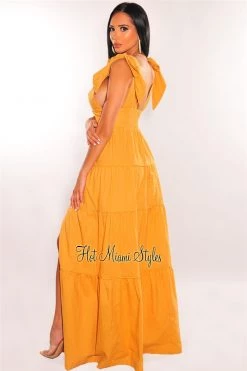 Vendor-unknown Just In Dijon V Neck Tie Up Button Up Slit Tiered Maxi Dress