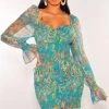 ARK & Co Just In Sea Green Floral Print Mesh Smocked Long Sleeve Dress