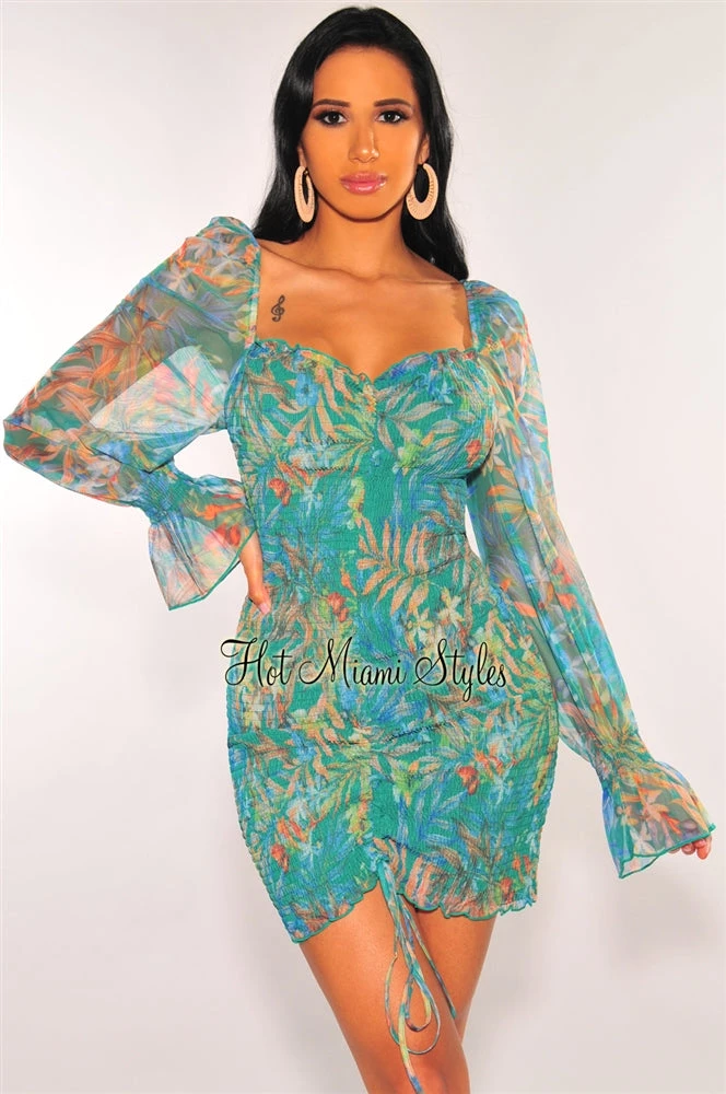 ARK & Co Just In Sea Green Floral Print Mesh Smocked Long Sleeve Dress