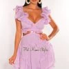 Vendor-unknown Lavender V Neck Ruffle Cut Out Lace Up Back Dress Just In