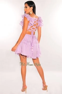 Vendor-unknown Lavender V Neck Ruffle Cut Out Lace Up Back Dress Just In